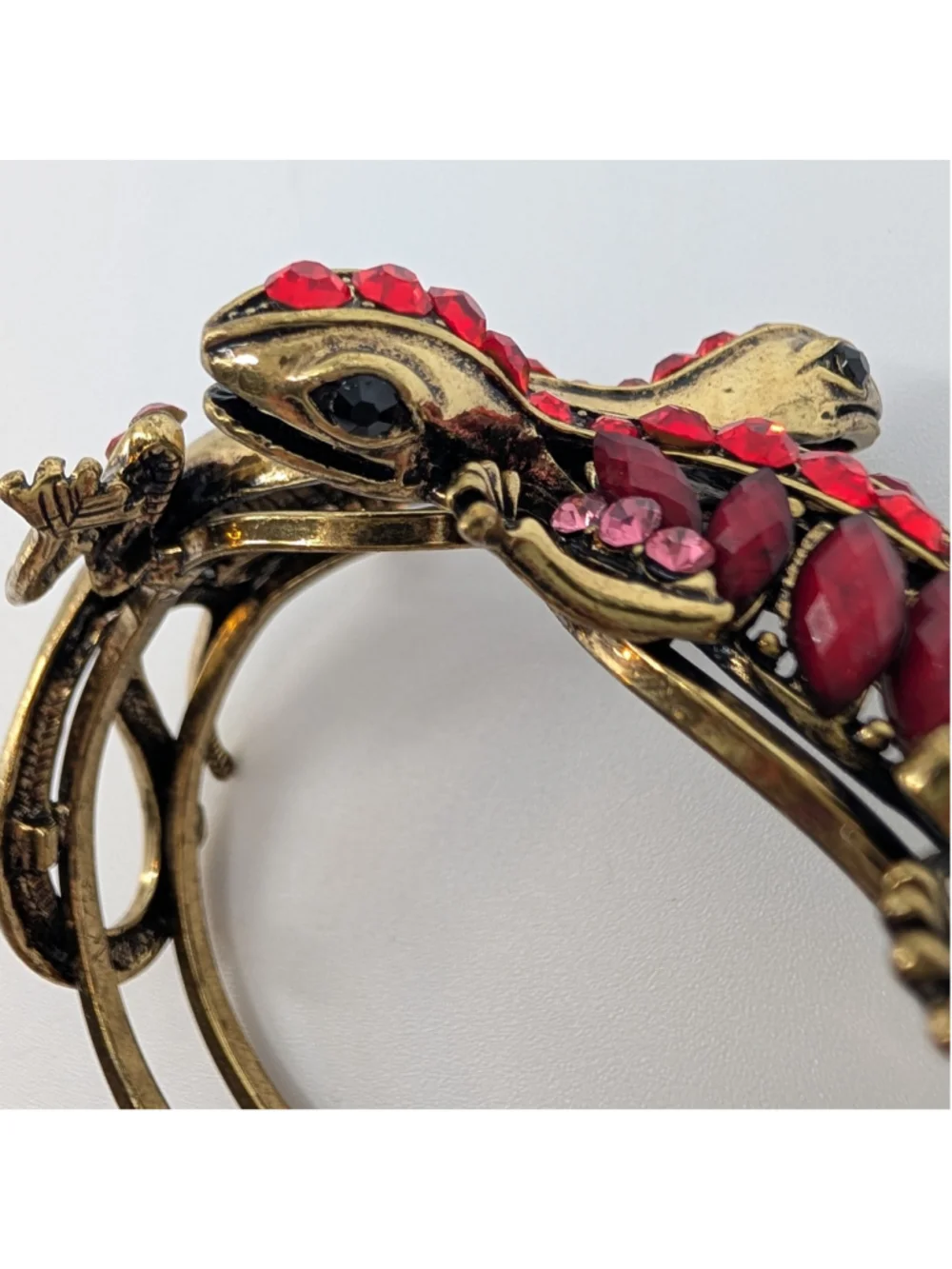 Lizard Rhinestone Hinged Cuff Bracelet Red Pink Gold Tone Statement Signed SDLZ